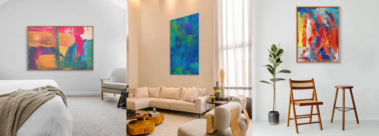 Three ArtPlacer room mockups showing abstract paintings on the walls of real interiors