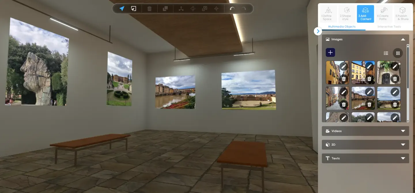 The Metasteps editor, with photographs hung in a 3D room and the Add Content panel open on the right