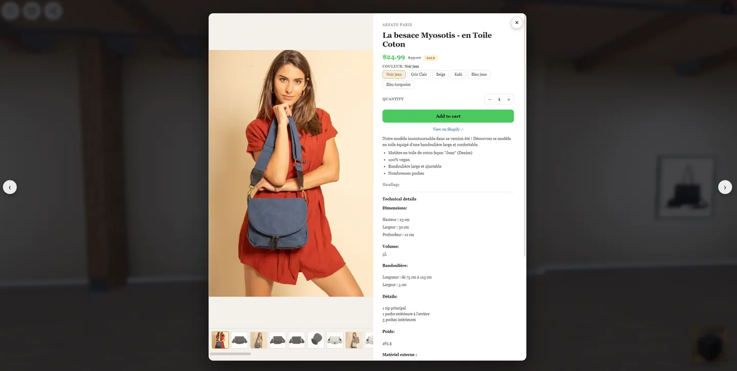 An artwork page opened inside a MyGallery3D gallery, with photos, price, colour variants, technical details and an add to cart button