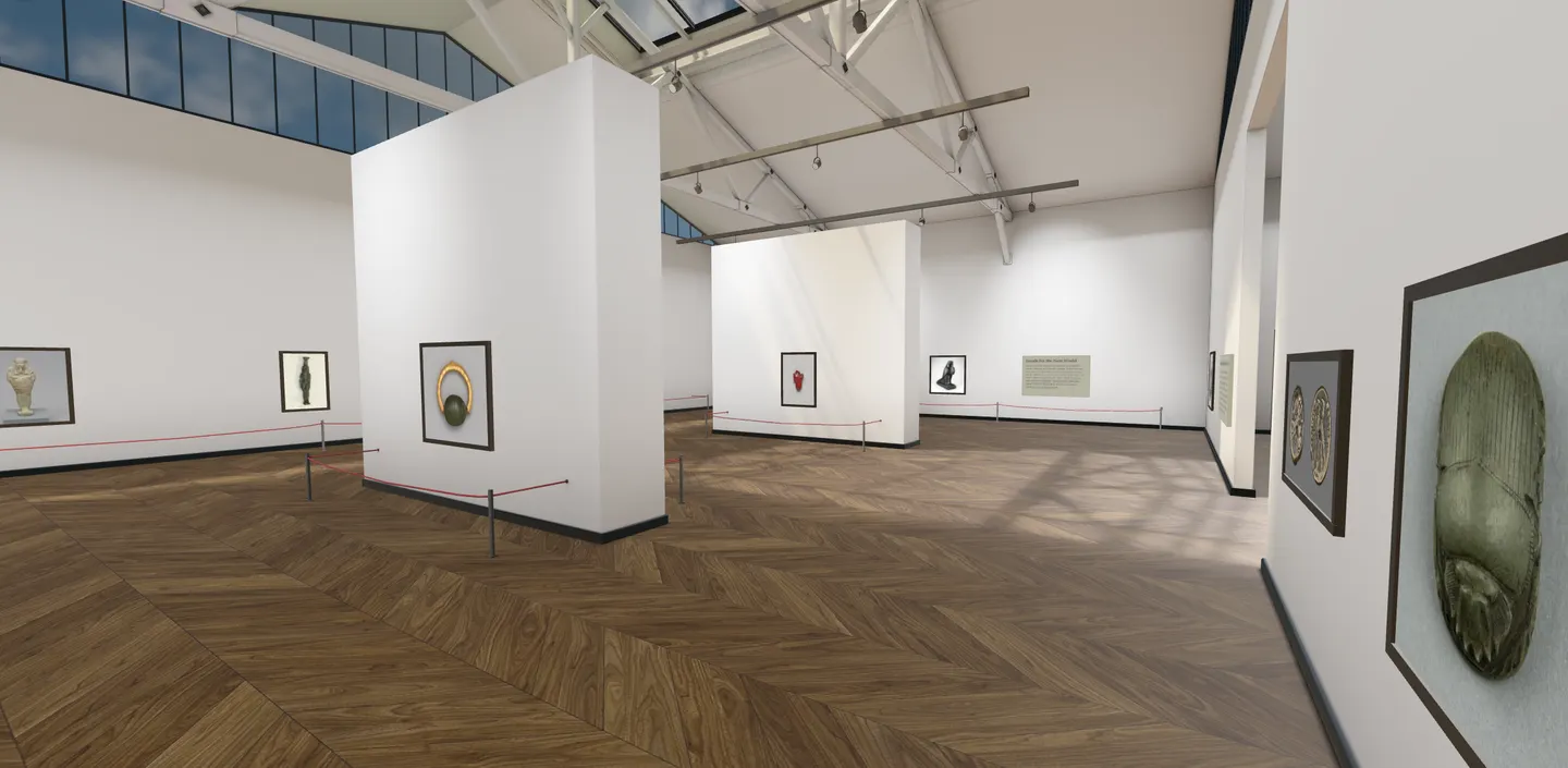 A MyGallery3D gallery as it opens, with the work already hung and spaced evenly along the walls