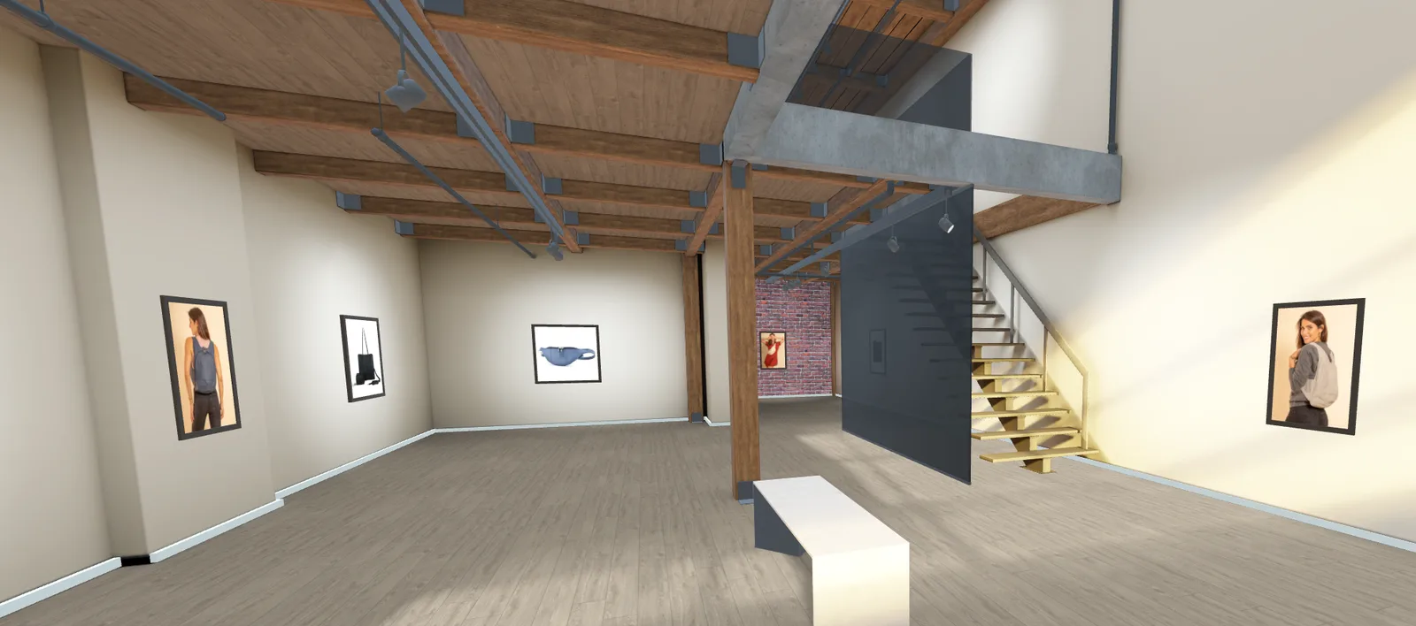 A 3D gallery in a loft with exposed wooden beams and a staircase, showing bags and apparel framed on the walls