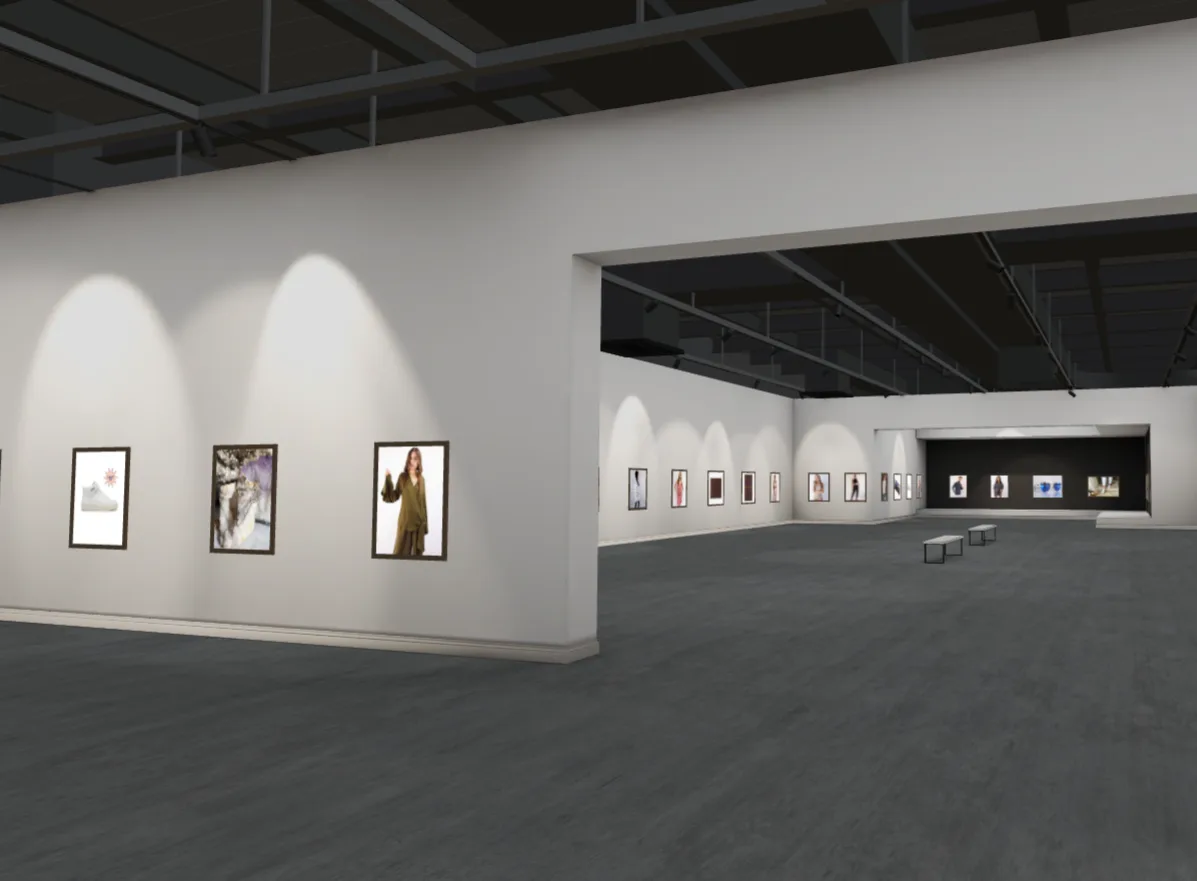 Interior of a 3D virtual gallery with framed works along the walls, of the kind these platforms produce