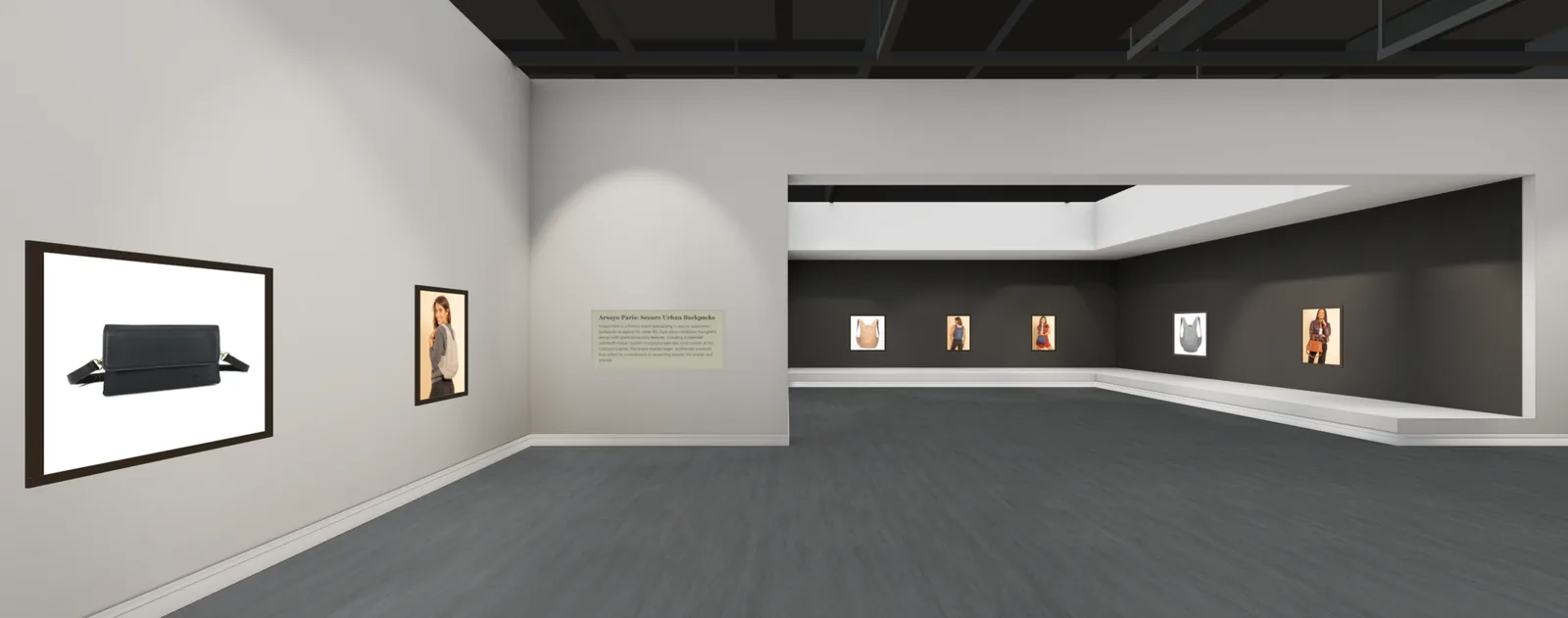 A 3D showroom built from a real store's catalogue, with bags and apparel framed on the walls beside an introduction panel describing the brand